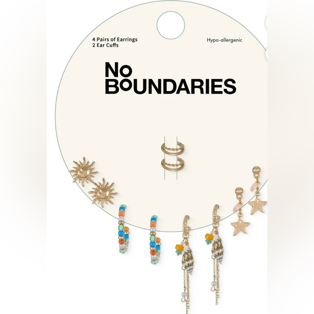No Boundaries 6 Pair Gold Tone Earring Set Hoops Studs Shell Star Multi Pack